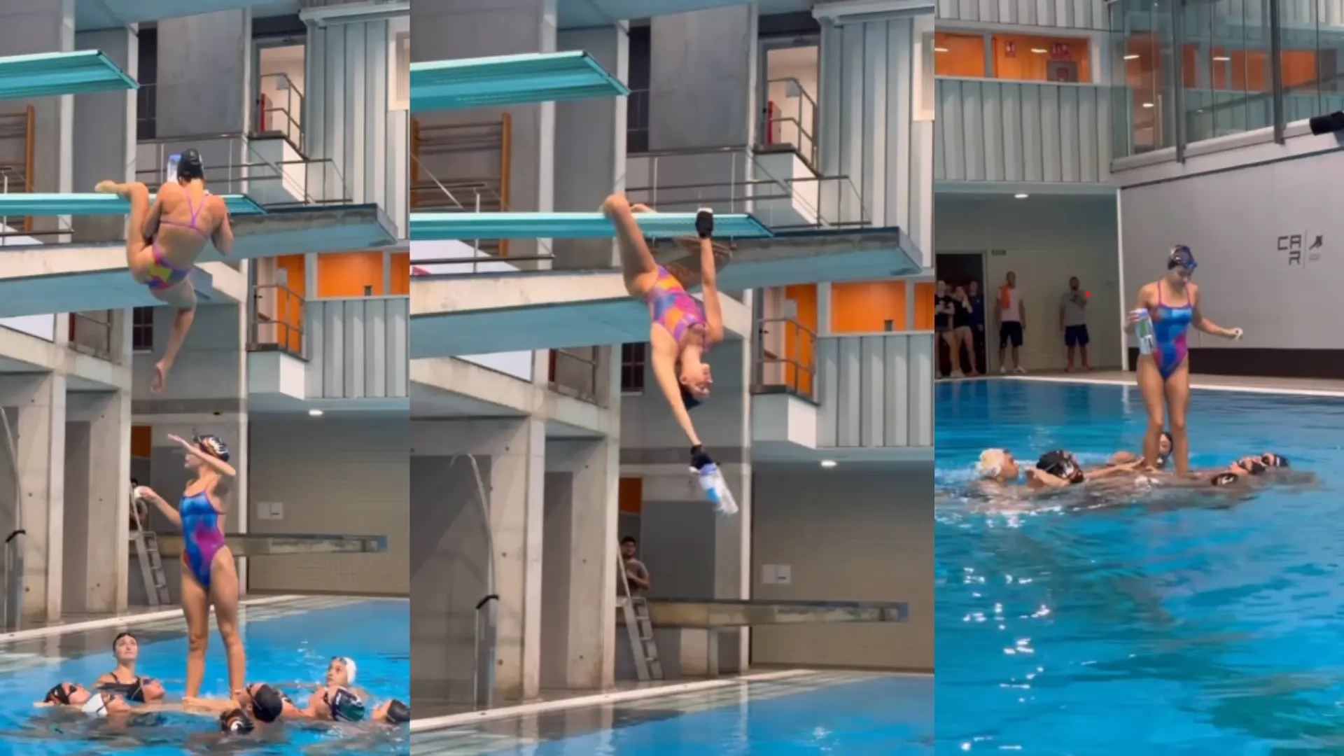 Szalone wyzwanie artystycznej drużyny pływackiej: Sara Saldaña, zawieszona na trampolinie niczym Spider-Man i z niesamowitym wyczuciem czasu
