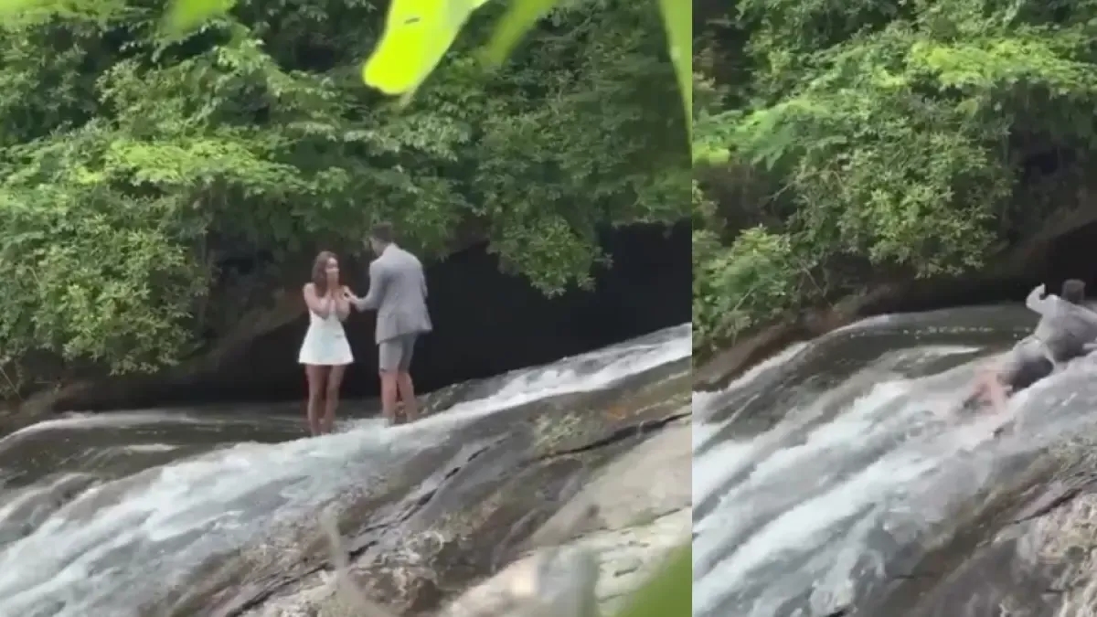 Video | Hombre pidió matrimonio en una cascada, pero resbaló antes de celebrar la respuesta