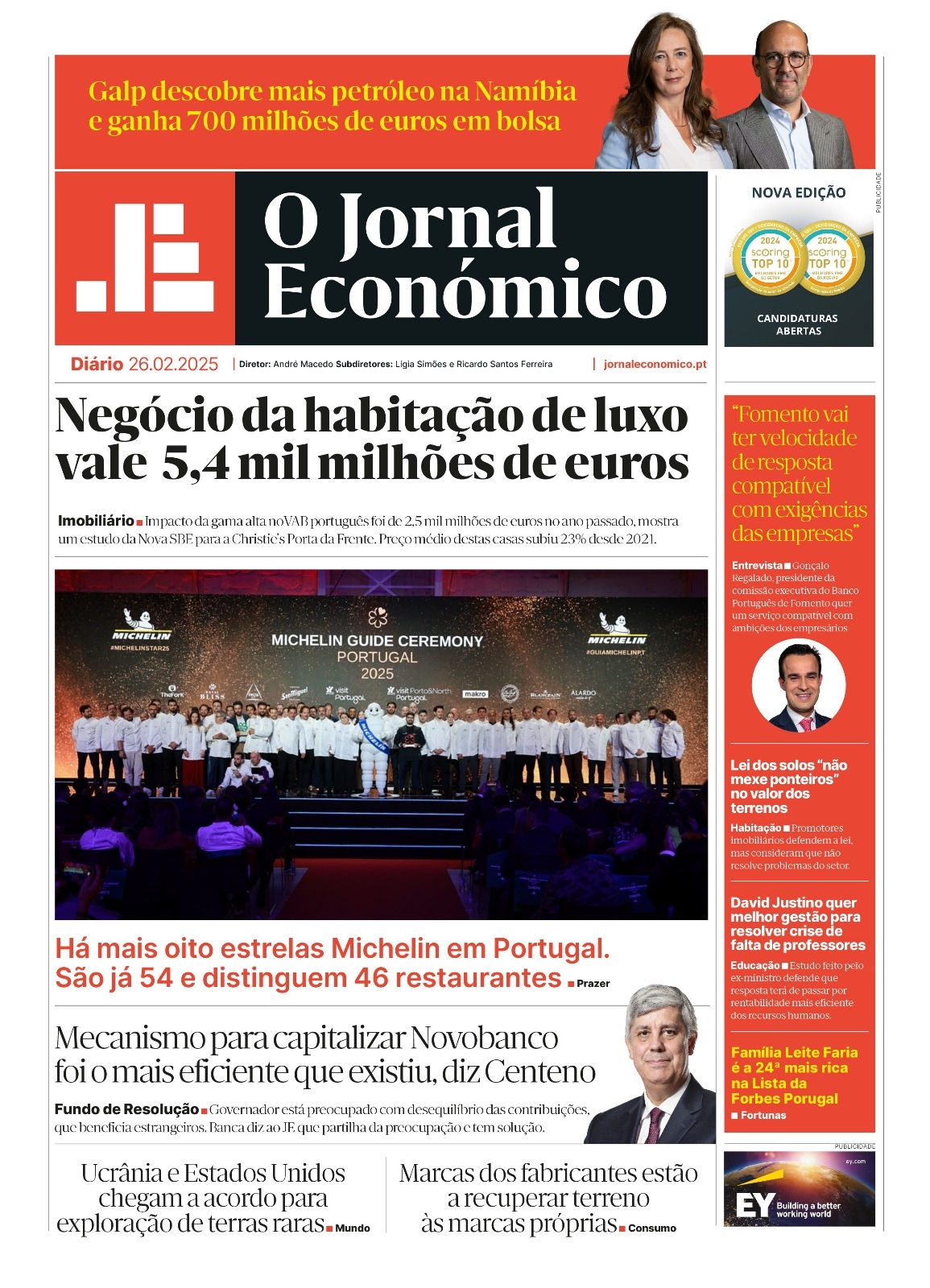 La prima pagina del Jornal Económico del 26 febbraio