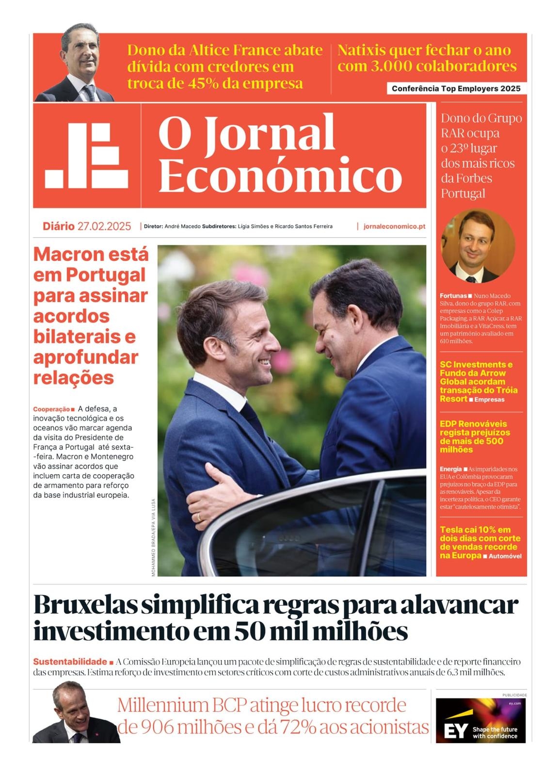 A primeira página do Jornal Económico de 27 de fevereiro