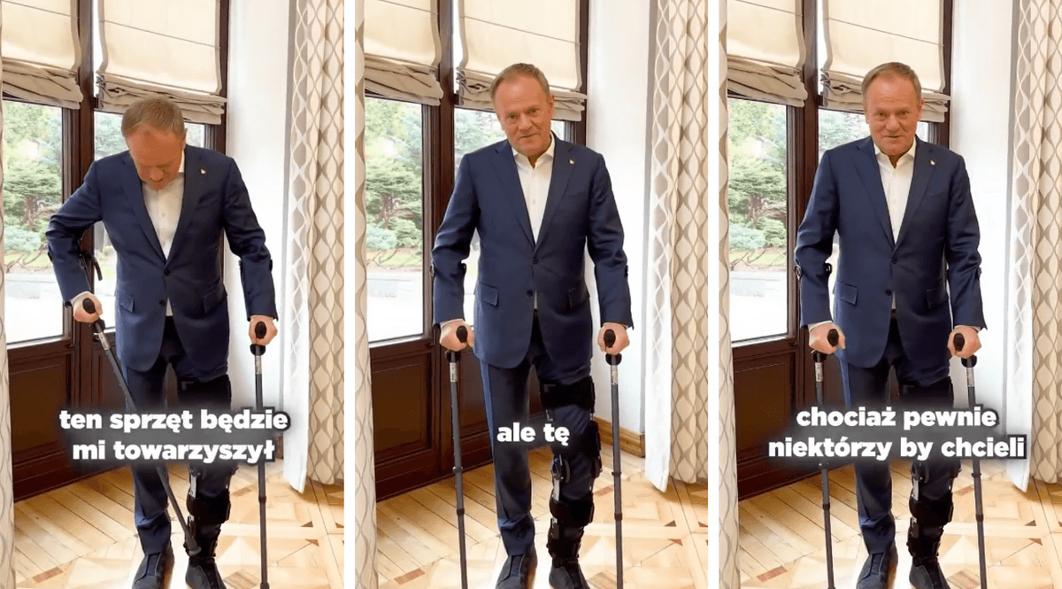 Donald Tusk walks on crutches. He had an accident on the slope