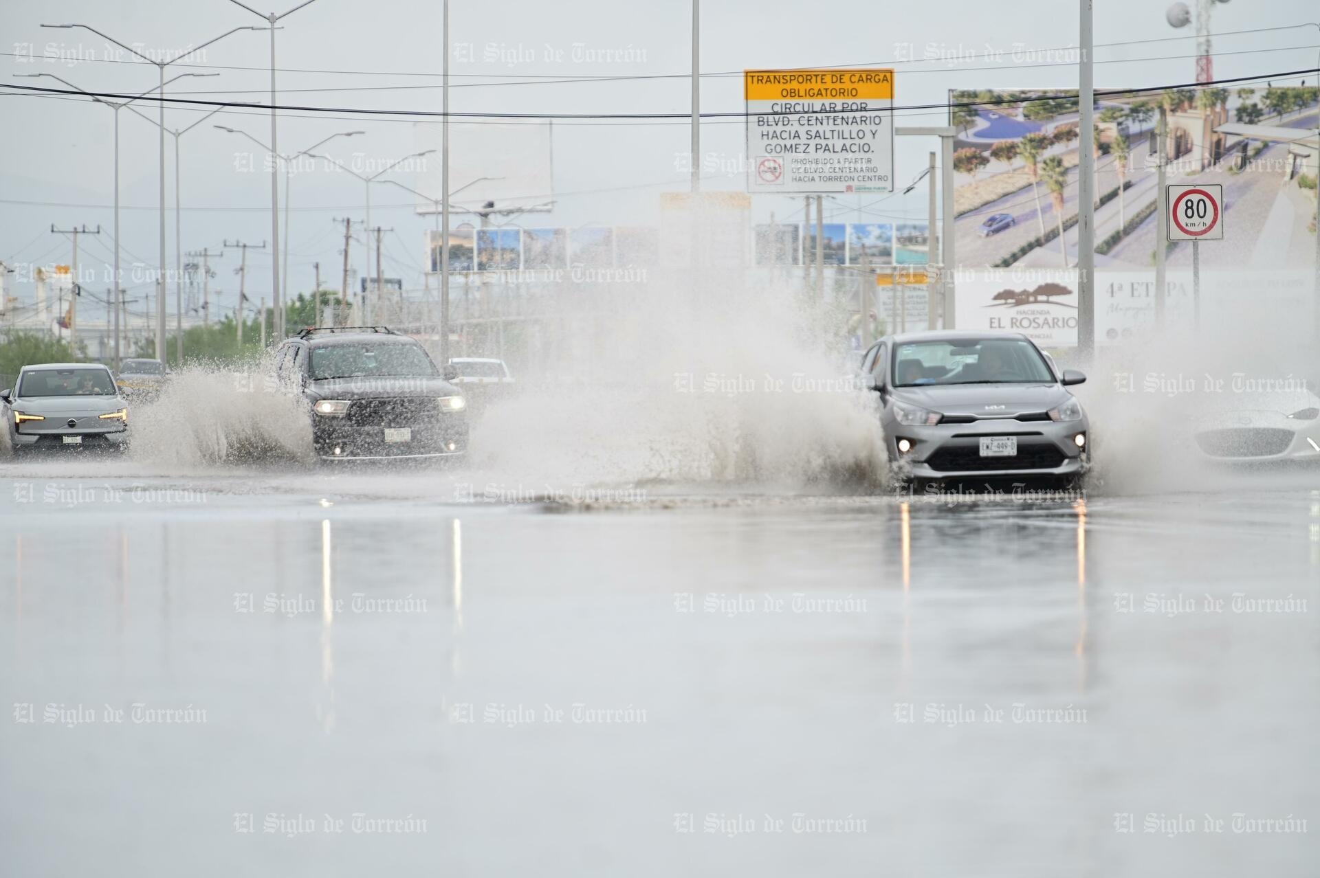 Door de regenval in Torreón ontstaan ​​plassen op kruispunten en omgevallen bomen.