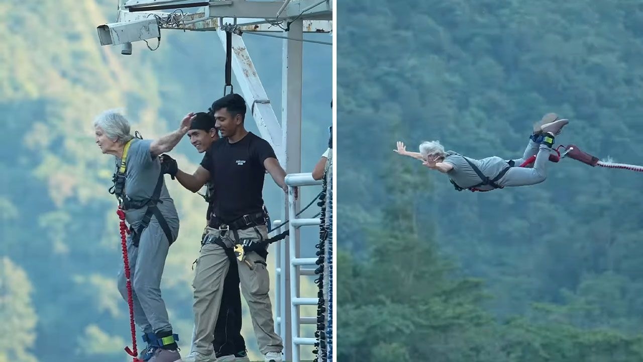 She jumped from a height of several meters! 82-year-old woman bungee jumped
