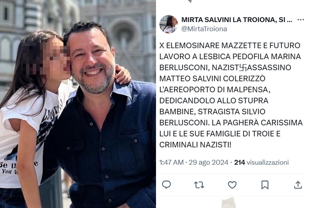 Insulti volgari e pesantissimi contro la figlia di Salvini, Mirta, sul social X. Guarda i post choc