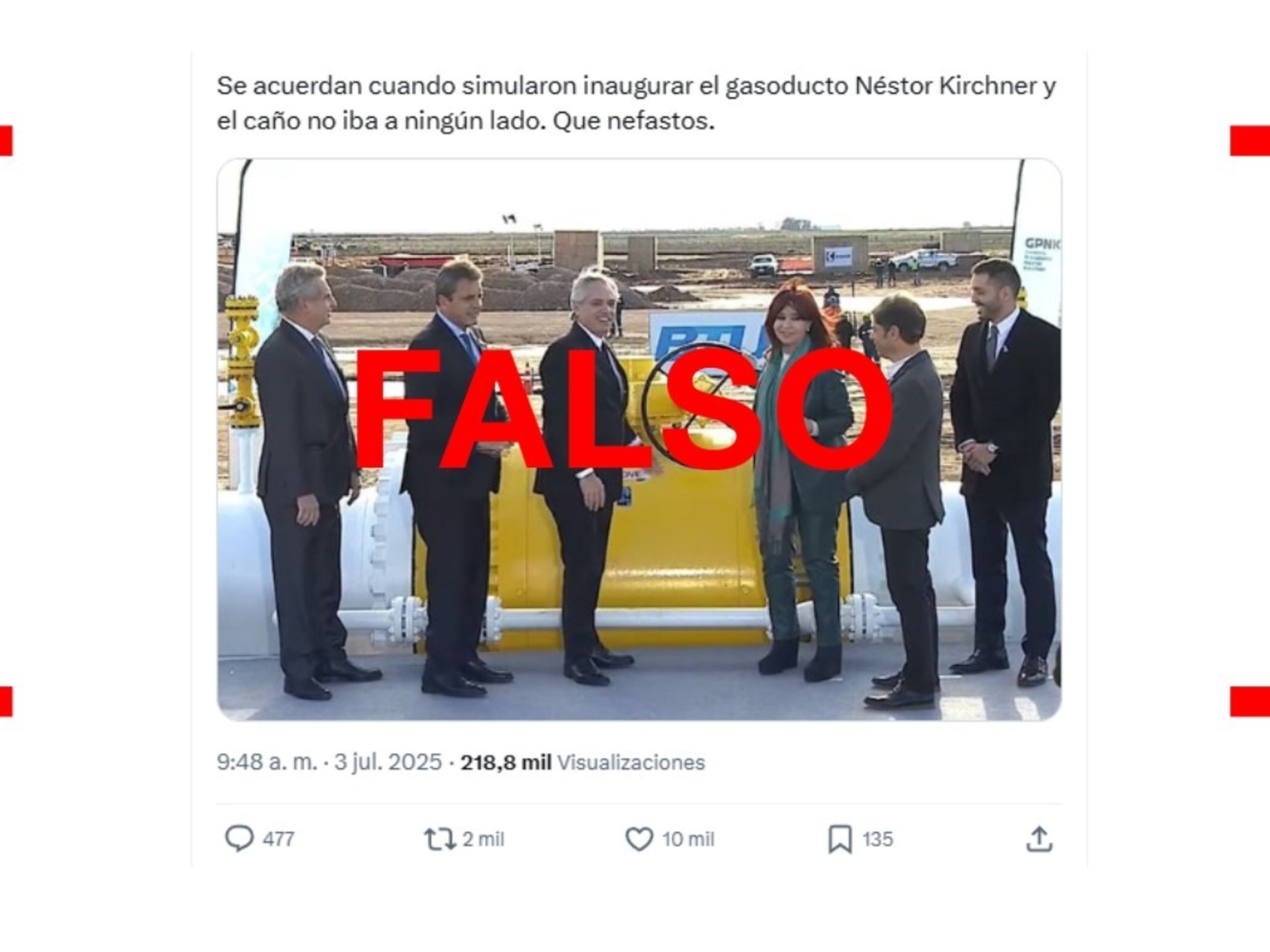 Geri dönen bir yanlış bilgi: Eski Néstor Kirchner doğalgaz boru hattı bir "simülasyon" değildi; Ağustos 2023'ten beri faaliyetteydi.