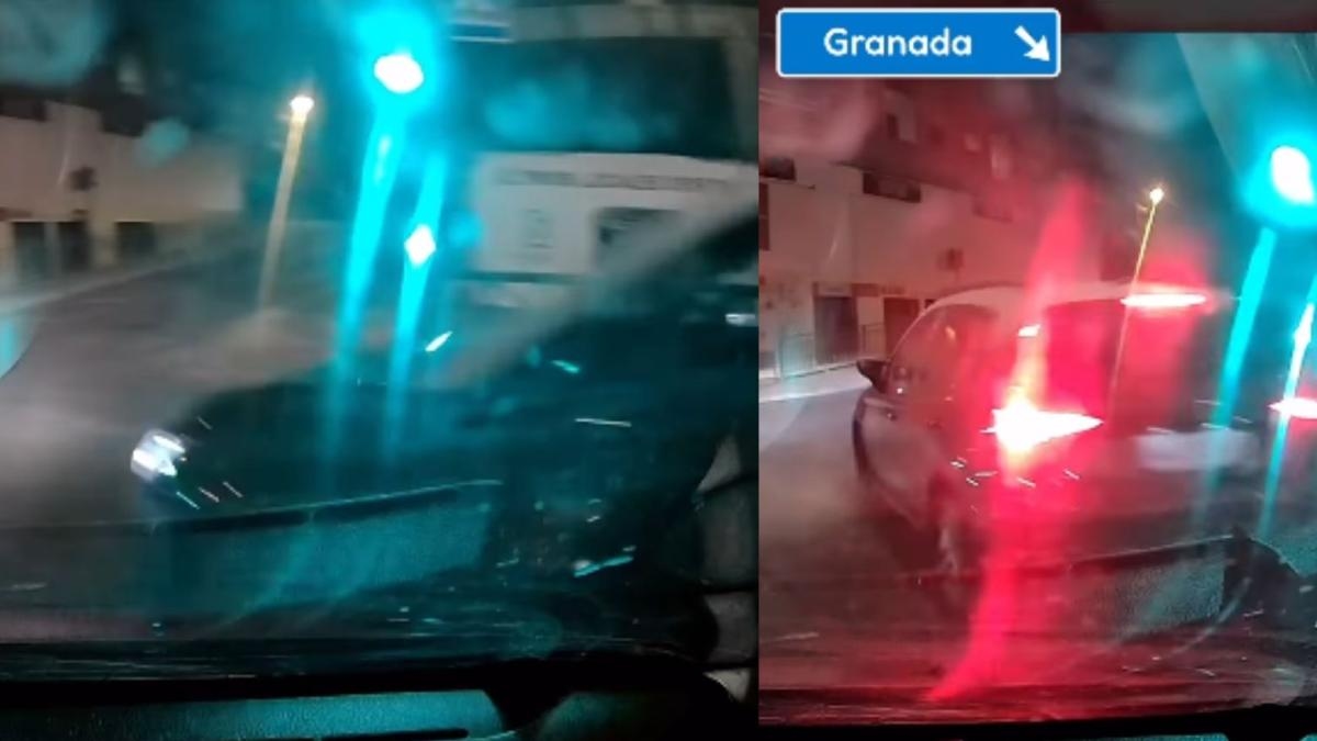 Un'auto sfreccia in una rotonda di Granada, oltrepassa il segnale di precedenza e costringe l'autista all'interno della rotonda a frenare bruscamente: "Ha fatto un incidente e se ne va! Dritto alla polizia".