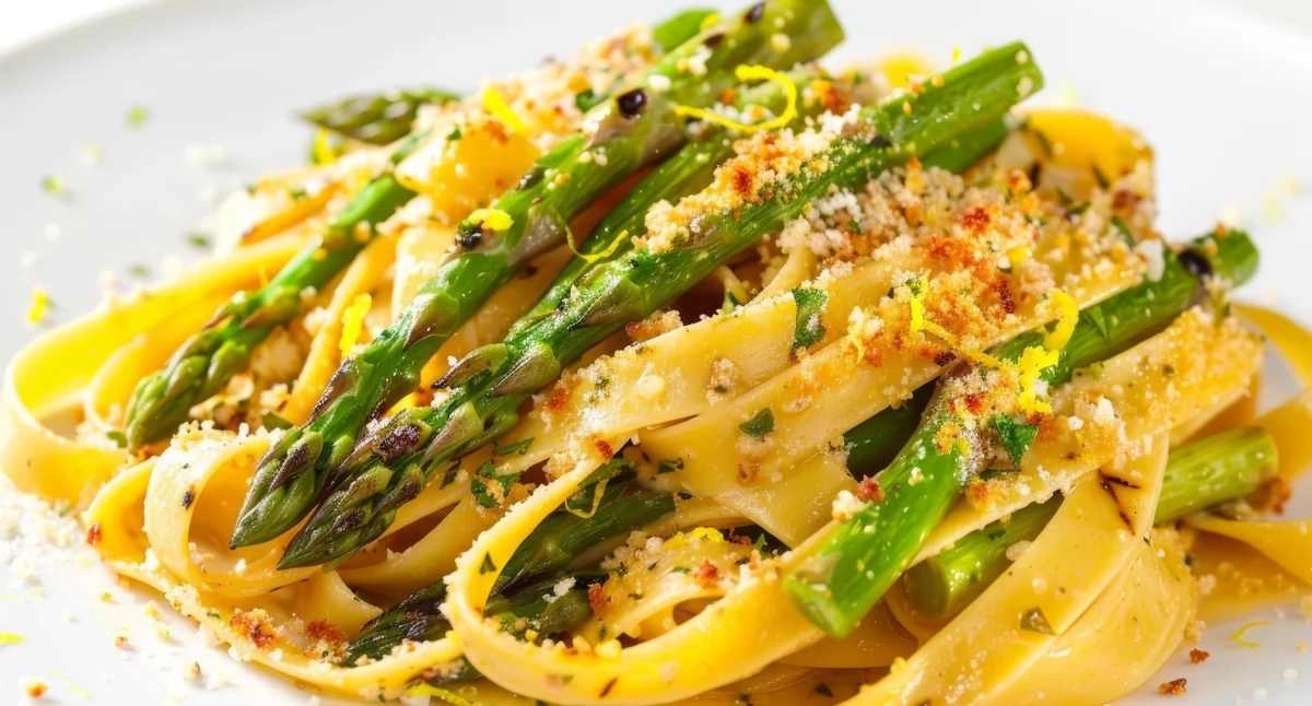 Pasta con espárragos y pesto de limón