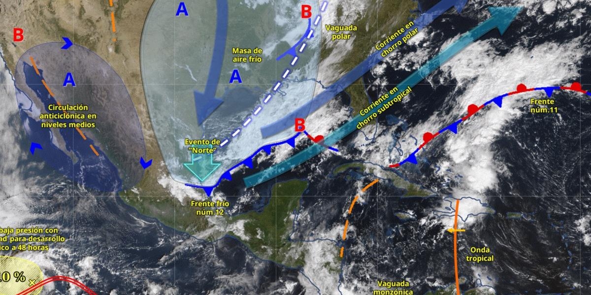 Mexiko-Wetter: Kaltfront 12 bestimmt den Wochenbeginn und bringt Regen, Nordwind und einen Temperatursturz.